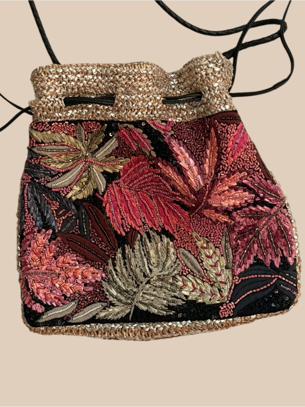 Sara Mallika Hand Beaded Floral Drawstring Crossbody Bag Potli Purse Japan